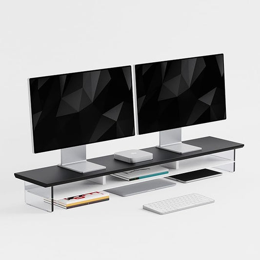 Dual‑Tier Monitor Stand for Modern Desk Setup – Minimalist Wooden and Metal Riser Shelf with Transparent Acrylic Feet for Dual Monitors, Laptops, Home Office Aesthetic，Black and White