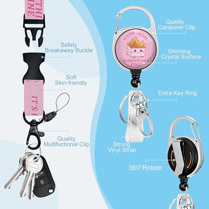 Gctriki ID Badge Holder with Lanyard, Dumpster on Fire Lanyard for Keys, Funny I'm Fine Retractable Badge Reel Clip, Teacher Lanyards for ID Badges Holder, Nurse Teacher Workers Women Office Gifts