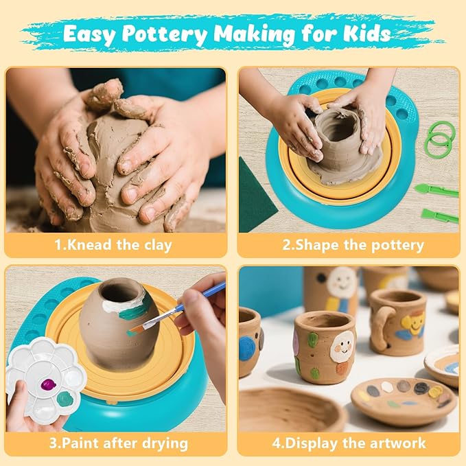 TingingYuli Pottery Wheel for Kids,Complete Pottery Kit and Tools for Beginners,Arts and Crafts Toys for Kids Ages 8-12,Art Supplies Birthday Gifts for Boy Girl Age 6 7 8 9 10 11 12 (Yellow/Cyan)