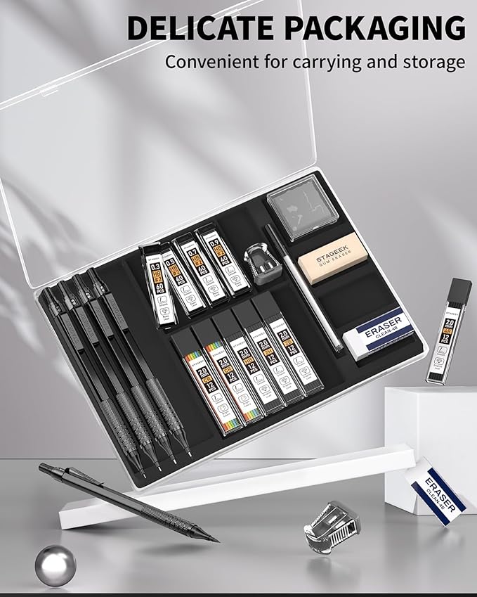 21PCS Metal Mechanical Pencil Set, Art Lead Pencil 0.3, 0.5, 0.7, 0.9, 2mm Holder(HB 2H 2B 4B Color) with 10 Tubes Graphite Lead Refills Eraser with Case for Drafting Drawing Sketching