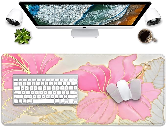 Abstract Floral Mouse Pad Desk Mat,Pink and Gold Extended Gaming Mouse Pad with Stitched Edges,Non-Slip Waterproof Rubber Base for Office,Computer,Keyboard,Laptop and Home Desk Pad(27.5X11.8 in)