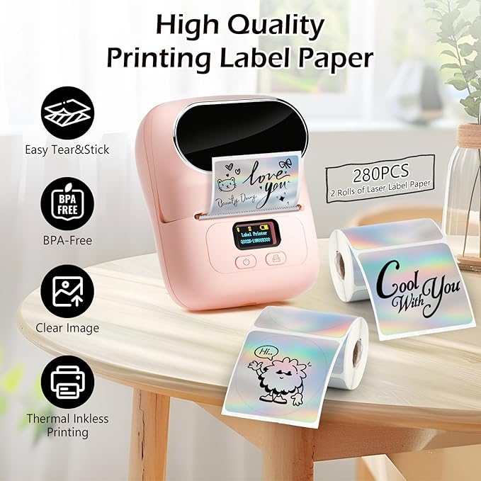 HuiJuKeJi 2 Rolls Holographic Silver Thermal Labels Paper for Phomemo M110 M200 M220 M221,50x50MM Round＆Square,Waterproof Self-Adhesive Mini Printer Laser Stickers for DIY Glitter Labels/Thanks Card