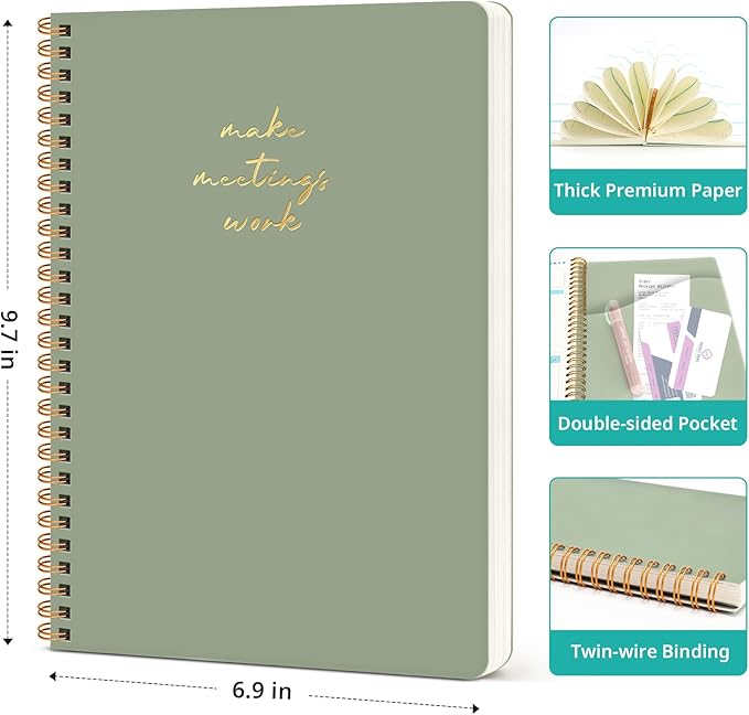 Taja Meeting Notebook for Work Organization - Work notebook with action items, Meeting Minutes Planner Notebook, Perfect Office Supplies for Men & Women - Green