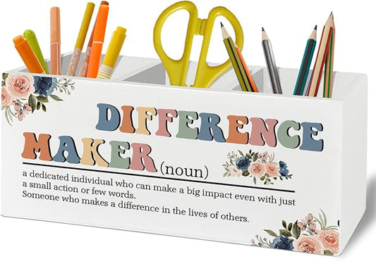 Difference Maker Gift, Office Decor for Women, Pen Pencil Holder Organizer for Desk Accessories, Appreciation Thank You Gifts for Teachers Boss Leader Coworkers Wooden Box Sign