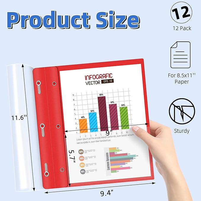 HAUTOCO 12 Pack Plastic Report Covers with 3-Prong Fasteners Clear Front Presentation Folders Resume Folders for 8.5x11 Letter Size Paper, Document Report Cover for School Office Business, Red