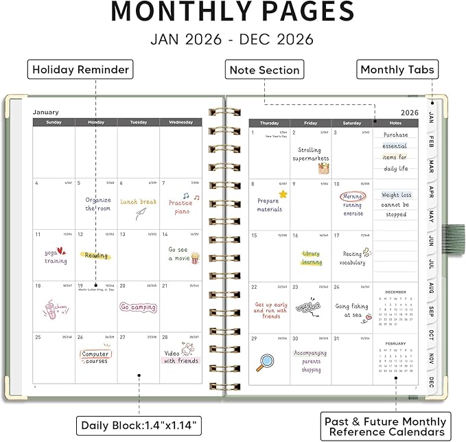 AHGXG 2026 Planner, Weekly and Monthly, 2026 Calendar, Jan 2026 - Dec 2026, Hardcover with Monthly Tabs, 100 GSM Thick Paper, for Women School Home Office Supplies, 6" X 8.38", Sage Green