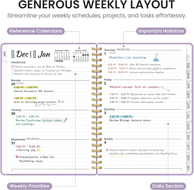 2026 Planner, Weekly and Monthly Calender Planner, Jan 2026 to Dec 2026, Hardcover 2026 Calendar Planner Book with Tabs & Inner Pocket, Office Home School Supplies for Women & Men - A4 (8.5" x 11"), Purple