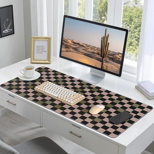 HAOCOO Checkered Desk Mat, Non-Slip Mouse Pads for Desk, Waterproof Desk Matt for Desktop, Stitched Edge Leather Desk Pad, 35.4" x 15.7" Keyboard and Mouse Pad, Non-Slip Desk Protector Work from Home