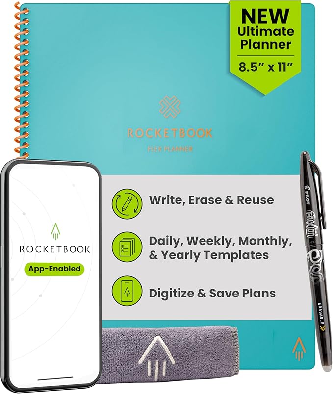Rocketbook Flex Reusable Planner, Smart Undated, Daily, Weekly, Monthly, Annual Calendar Templates, Letter Size 8.5x11, Teal (Pack of 1)