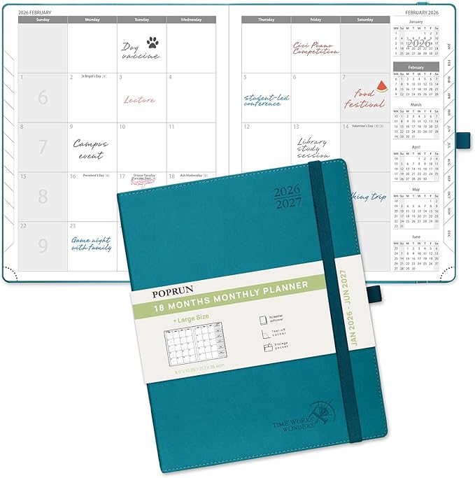 POPRUN Monthly Planner 2026-2027 (Large- 8.5" x 10.5" Soft Cover), 18-Month Calendar Book (Jan.2026 - Jun. 2027), Calendar Planner with Monthly Tabs & Pocket, 100 GSM Paper - Pacific Green