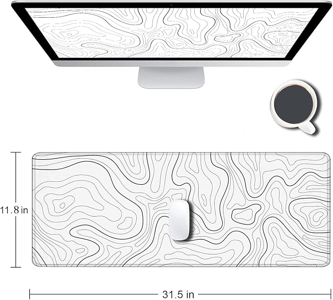 Mouse Pad Large, Extended XL Gaming Mousepad, Non-Slip Rubber Base Minimalist Keyboard Mouse Mat Desk Pad for Work, Game, Office, Home, 31.5 x 11.8 in, White Topographic Map Lines