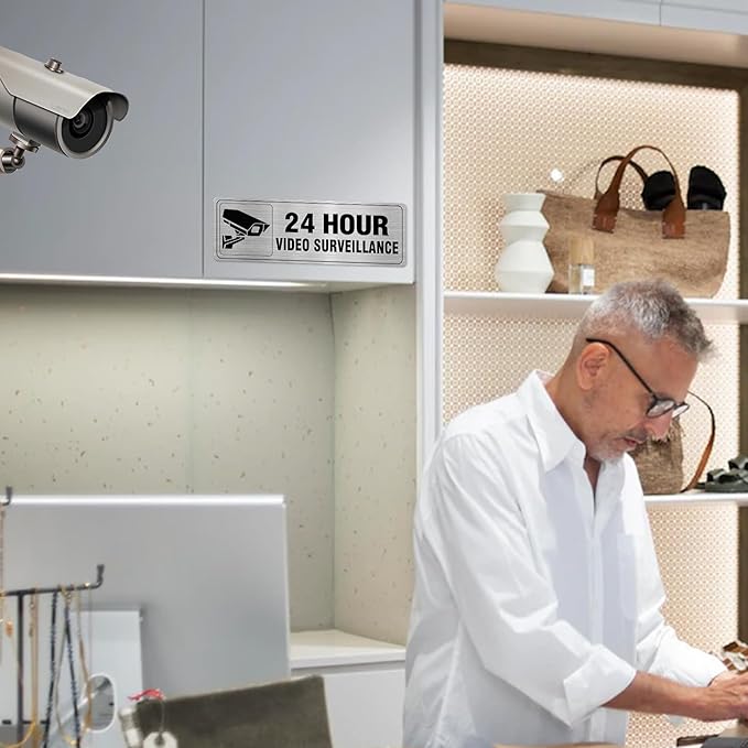 24 Hour Video Surveillance Sign Aluminum Silver 9 x 3 Inches Self-Adhesive Waterproof Metal Door Wall Sign for Business Restaurants 4 Pack