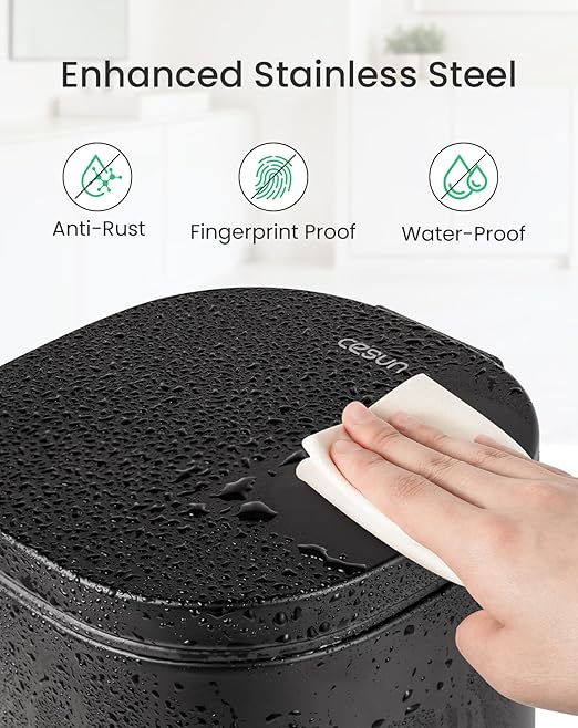 Cesun Black Bathroom Trash Can with Lid, 1.3 Gallon Small Garbage Can with Foot Pedal, Metal Round Wastebasket for Bathroom, Bedroom, Office, Matte Black