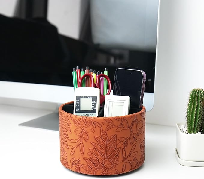 Hennaja Round Leather Art Supply Organizer,Remote Control Holder,360 Degree Spinning,Multi-Functional Pencil Holder,4 Compartments Desktop Stationary Organizer(1-Carved Brown)