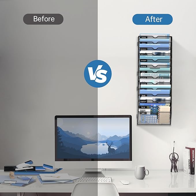 14 Tier Wall Hanging File Organizer, Paper Folder Holder Wall Mounted, Metal Mail Sorter for Office Home School, Black 2 Pack