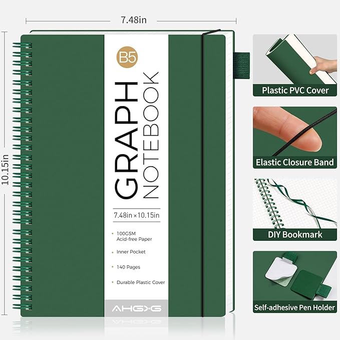AHGXG Graph Paper Notebook - Spiral Notebook Journal 7.6" x 10", B5 Large Graph Notebook, 140 Pages, 100 gsm Thick Grid Paper, Waterproof Plastic Cover, for School Writing Engineering, Green