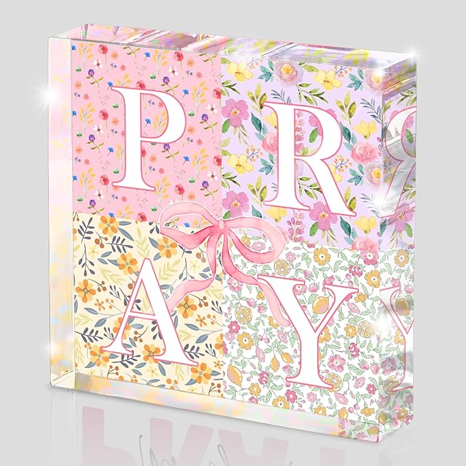 Appreciation Gifts, Pink Bow Christian Gifts for Women, Pink Office Home Decor for Women, Flowers Desk Decorations for Office- Pray- Christian Desk Plaque- Pray-Bible Verse Decoration