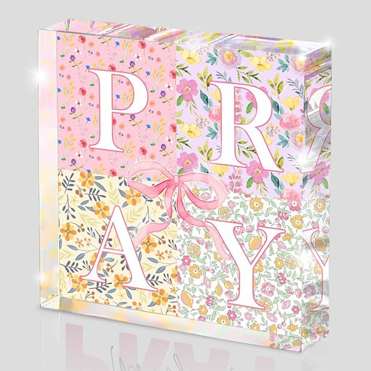 Appreciation Gifts, Pink Bow Christian Gifts for Women, Pink Office Home Decor for Women, Flowers Desk Decorations for Office- Pray- Christian Desk Plaque- Pray-Bible Verse Decoration