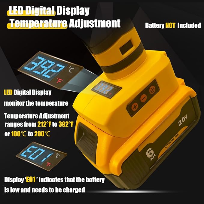 MONVICT Cordless Glue Gun for Dewalt 20V Battery, Upgraded 100W Digital Temperature Adjustable Handheld Electric Power Full Size Heavy Duty Hot Glue Gun with 10 Glue Sticks (Battery Not Included)