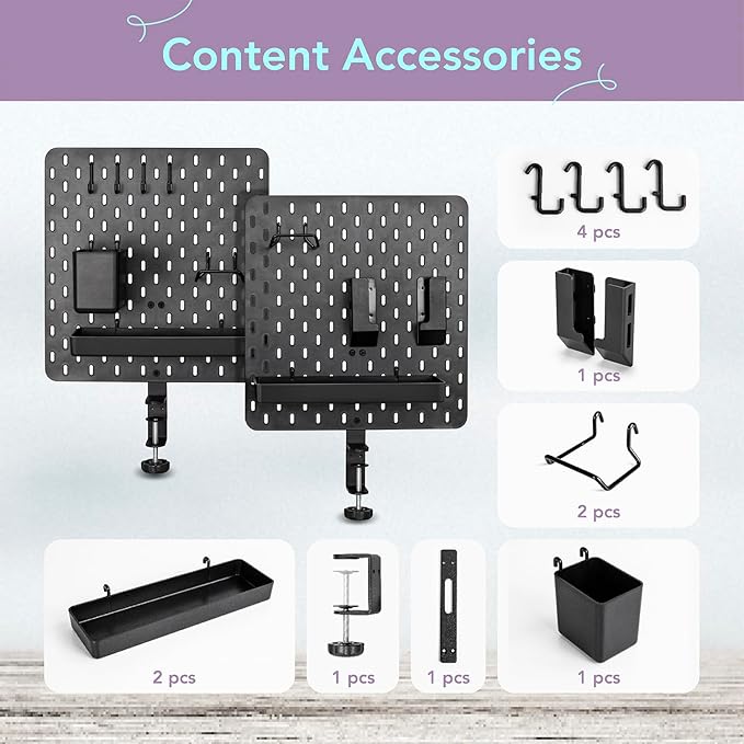 EHO Clamp-On Desk Pegboard, 2Pack (Combined Size 27 x 14 inch) Privacy Divider, Desk Partition Panel, No-Drill Desk Mounted Peg Board Organizer for Office, Gaming, Home, Black