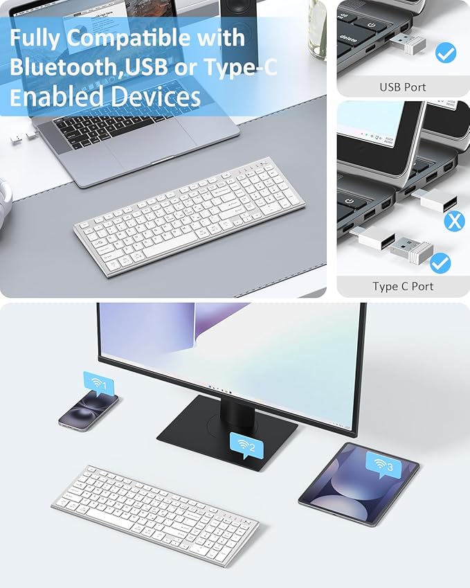 FENIFOX Wireless Keyboard, Bluetooth + USB Ergonomic Silent Quiet Rechargeable with Number Pad Compact Full Size Multi Device Keyboards for iPad Tablet Mac Computer Surface PC MacBook Laptop Silver