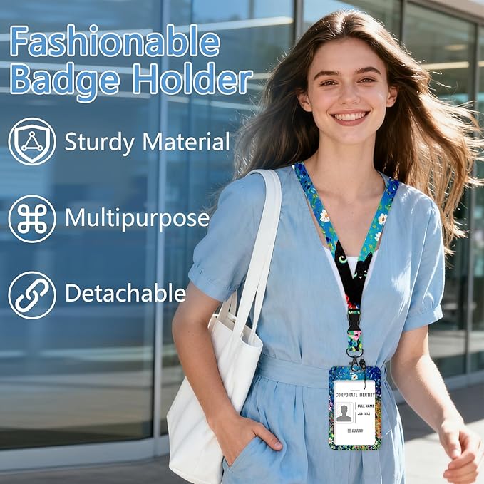 Lanyard with Id Holder, Oil Painting Flower cat Badge Holder with Retractable Lanyard, ID Holder with Badge Reel Clips, Animal Keychain Name Tag Teacher Women Doctor Office Gift