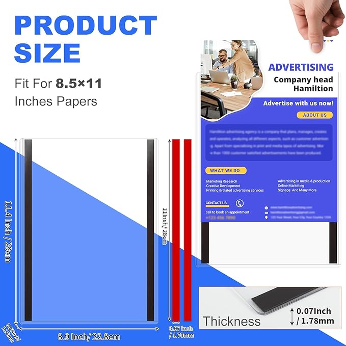 2 Pack 8.5'' x 11'' Inch Magnetic Sign Holders, Rigid Print Protectors, Paper Holder With Adhesive Tape, Plastic Document Holder For Posters Letter Paper Picture, Wall Mount Magnetic Frame for Refrigerator Window, Door, Home, Office, and Store
