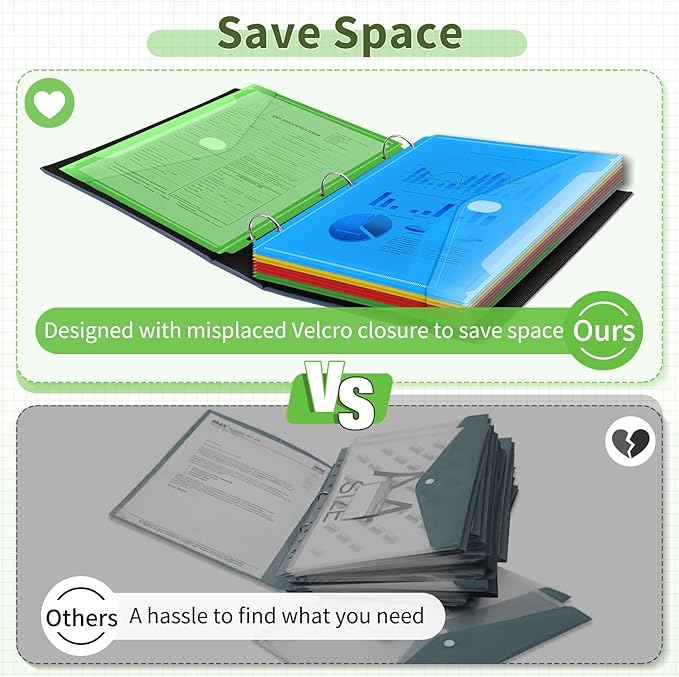 Sooez 12 Pack Binder Folders Organizer with Space-Saving Closure, Super Heavyweight Binder Pockets for 3 Ring Binder, High Capacity Binder Pouch, Side Loading, School Supplies, Letter Size, 4 Colors