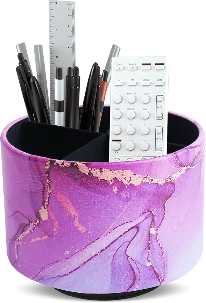 Round Leather Art Supply Organizer,Remote Control Holder,360-degree Rotating Pen Organizer with 4 Compartments(1-Purple Blue Splash Ink)