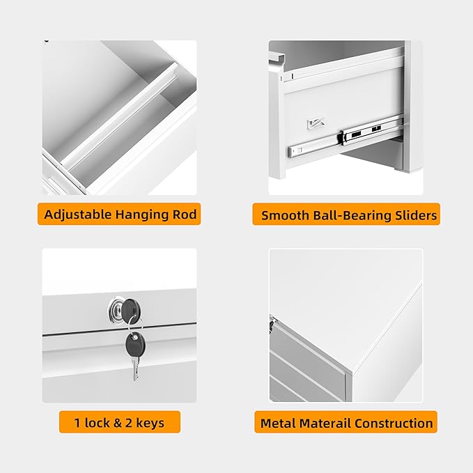 INTERGREAT 3 Drawer File Cabinet, White Metal Filing Cabinet with Lock, Locking Tall File Cabinets with 4 Adjustable Hanging Frame for Home Office