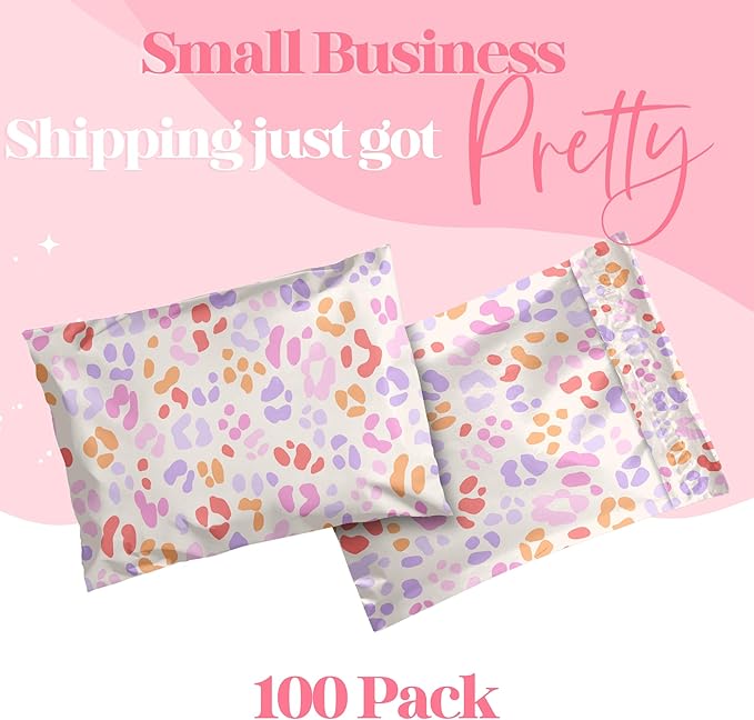10x13 Designer Poly Mailer 100 Pack Heavy Duty Waterproof Self Seal Shipping Bags for Small Business Large Mailing Envelopes Bulk Tear Resistant Cute Packaging Preppy Leopard