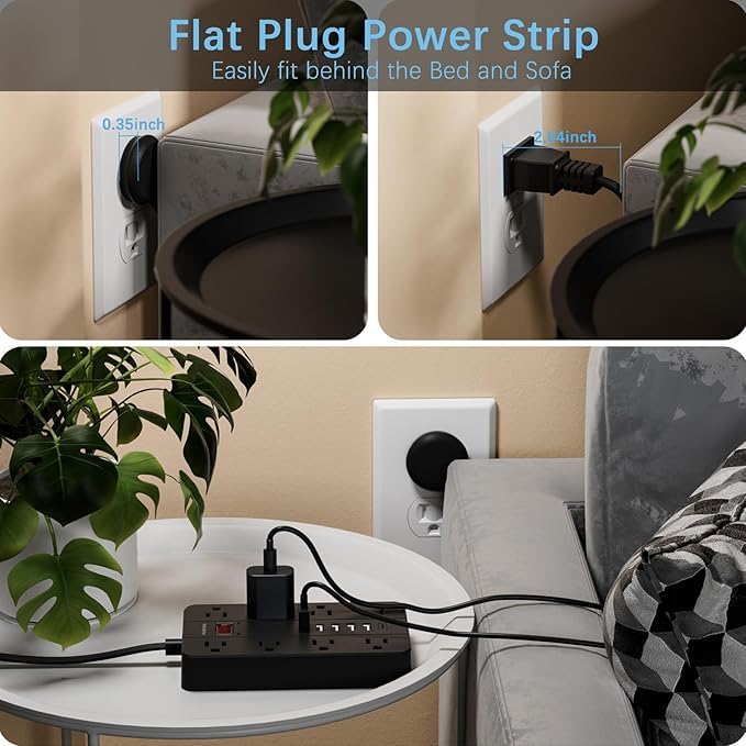 Power Strip with USB Ports, HUNIAN 5 Ft Extension Cord Flat Plug with 8 Outlets, 6 USB Charger(1 USB C Port), Indoor Desk Charging Station Surge Protector for Home and Office Accessories, Black