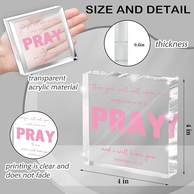 Pink Inspirational Decor- Bible Verse Art Christian Gifts for Women- Pink Acrylic Dorm Room Decor for Women - Pray to me- Office Desk Accessories Decor Sign 4x 4 Inches