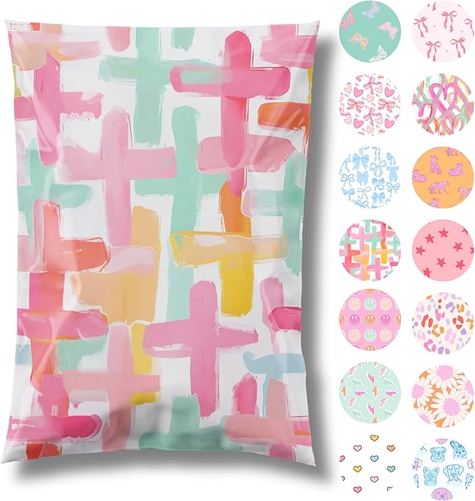 10x13 Designer Poly Mailer 100 Pack Heavy Duty Waterproof Self Seal Shipping Bags for Small Business Large Mailing Envelopes Bulk Tear Resistant Packaging Pastel Crosses Faith