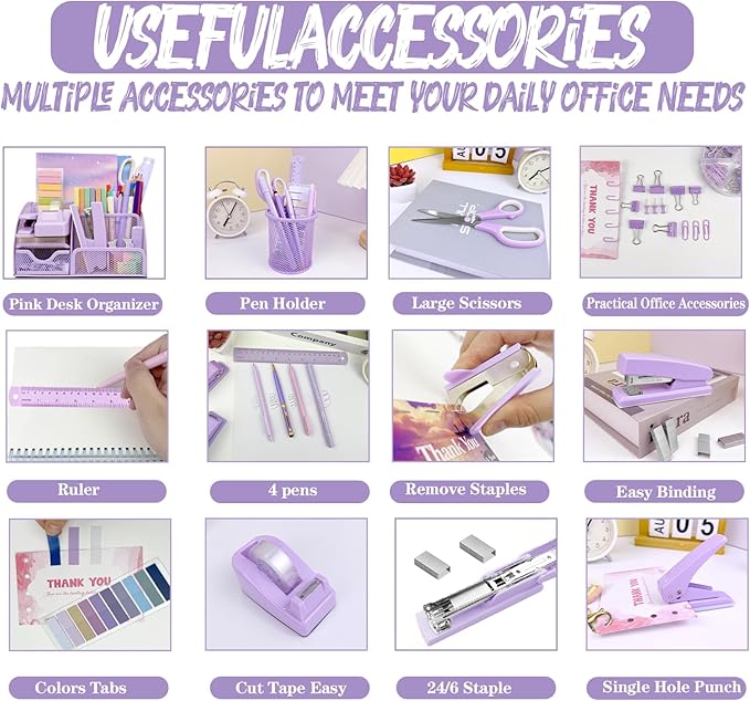 Purple Desk Accessories, 17Pcs Purple Office Supplies Set Include Mesh Desk Organizer, Stapler, Tape Dispenser, Staple Remover, Pen Holder, Clips, Pens, Ruler, for Office Home School Women