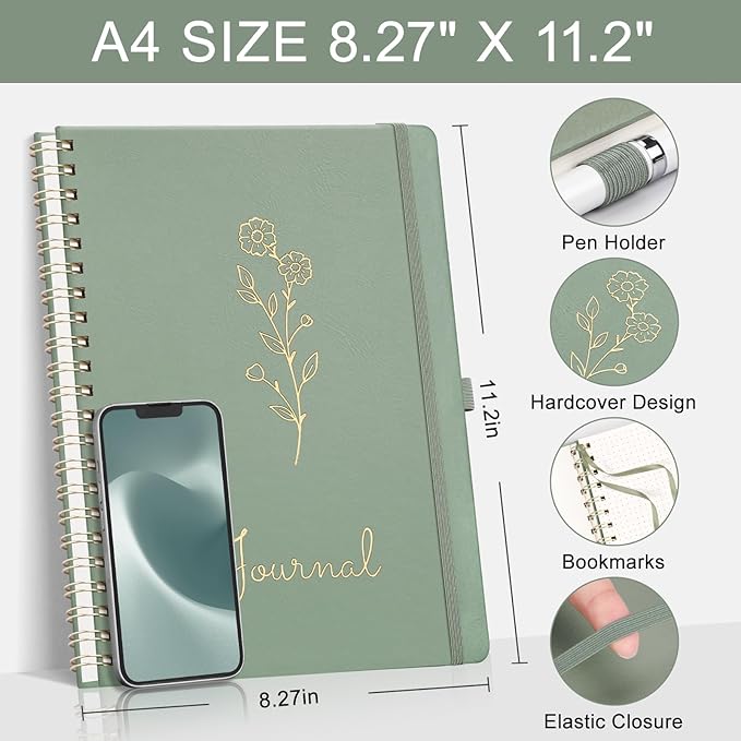 EMSHOI Bullet Dotted Journal - Dot Grid Spiral Notebook 8.5" x 11", A4 Large Dotted Notebook, 100 GSM Thick Paper, PU Leather Hardcover Journals for Bullet Journaling, Sketching, Light Green