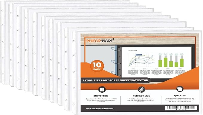 PERFORMORE 10 Pack of 8.5” x 14” Heavyweight Landscape Sheet Protectors, Legal Paper Sleeves, Clear Archival Quality, Horizontal Legal Size Clear Sheet Protectors for Binders Documents