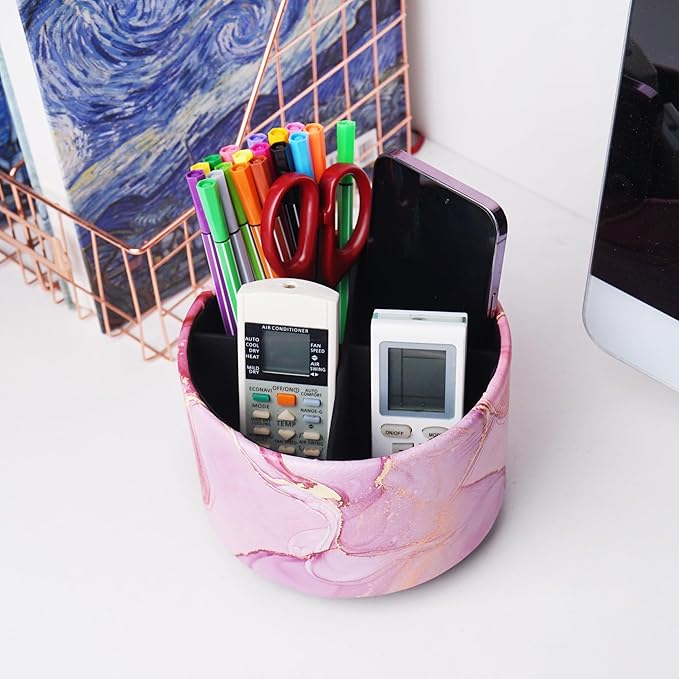 Round Leather Art Supply Organizer,Remote Control Holder,360-degree Rotating Pen Organizer with 4 Compartments(1-Pink Splash Ink)