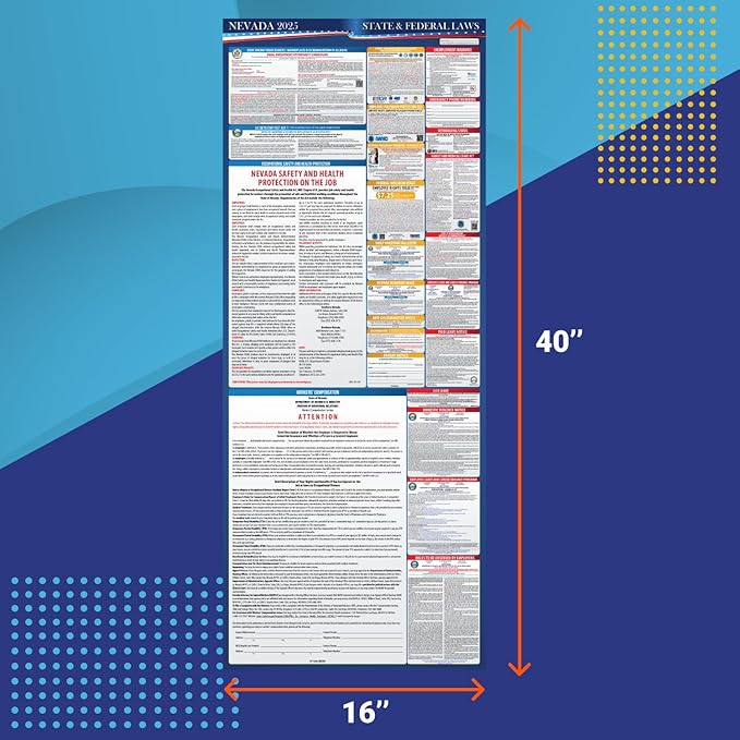 2025 Nevada State and Federal Labor Law Poster - OSHA Workplace Compliant - Mandatory Regulations Posting for Employees - All-in-One Required Compliance Posting 16" x 40" - Laminated
