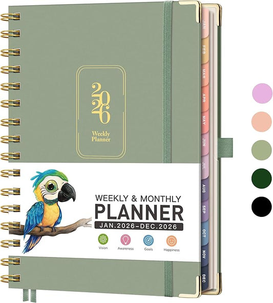 RETTACY 2026 Planner, Weekly and Monthly, Medium Size (5.7" x 8.3"), Jan - Dec 2026, Agenda, Calendar, 12 Month Tabs, Hardcover, 100 GSM Thick Paper, Spiral-bound (Light Green)