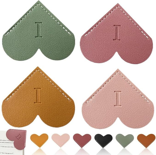 Personalized Leather Heart Bookmark, 26 Letters Customized Corner Book Mark for Reading Women, Book Marker with Initials，Cute Gifts (Light Pink+Deep Pink+Green+Light Brown, I)