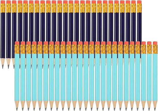 MECCANIXITY Golf Pencils with Erasers, 4" HB Mini Half Pencils Pre Sharpened Small Pens for Wedding Bridal Shower Game Office Writing Drawing(Blue/Dark Blue, Pack of 50)