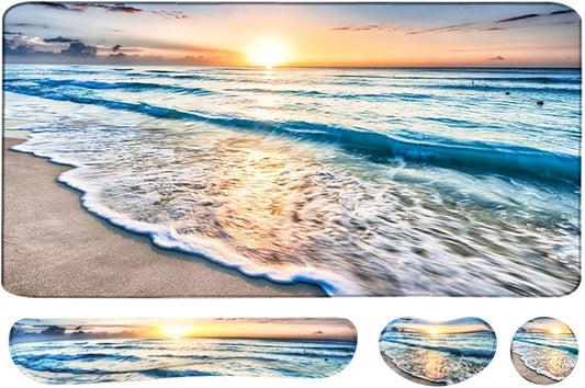 4-in-1 Large Gaming Mouse Pad, Keyboard Wrist Rest Pad & Wrist Support Mousepad Set, Extended Desk Pad Waterproof Desk Mat for Home Office Study Game-Beach