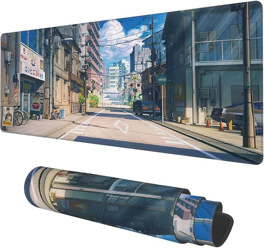 Desk Mat, Anime Summer Street Scenery Extended Gaming Mouse Pad Large, 31.5"x11.8" Big Mouse Pad with Non-Slip Base and Stitched Edge, Long Computer Keyboard Mouse Mat for Home Office Work