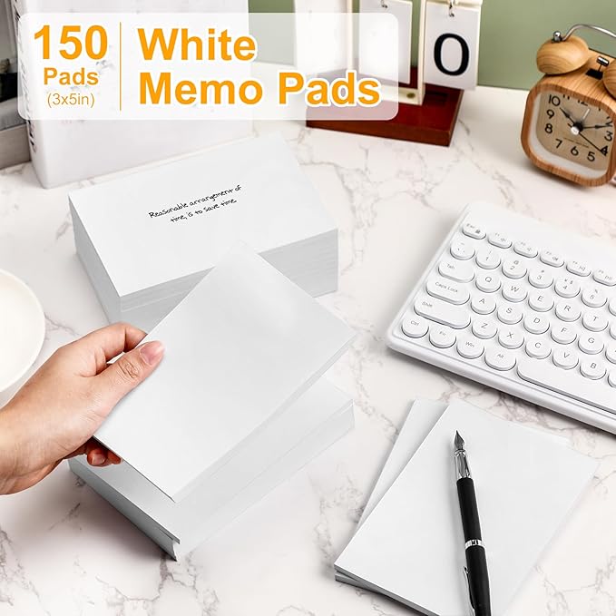 Fainne 3 x 5 Inch Paper Note Pads White Memo Pad Blank Writing Memo Scratch Paper for Waitress Waiter Book to Do Grocery List Small Notebook Restaurant Checkbook, White(150 Pack)