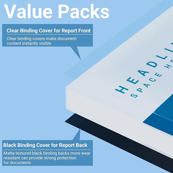 Ndsox 200 Pack Binding Covers and Backs Set 8.5 x 11 Inches Letter Size, 100 8-Mil Clear Binding Covers, 100 12-Mil Black Sand-Textured Binding Presentation Polycovers, Un-Punched, Square Corners