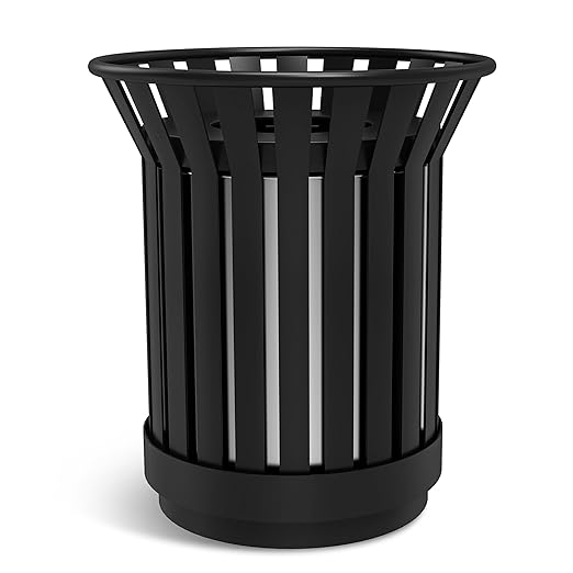 27.6IN Round Large Outdoor Trash Can, Heavy Duty Metal Slatted Garbage Can Outdoor, All Weather Resistant Commercial Garbage Cans, Waste Receptacle in Park, School, Beach, Patio Black