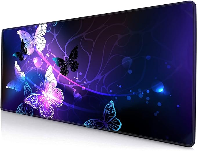 Gaming Mouse Pad, Large Mouse Pads for Women, Non-Slip Rubber Base Mousepad, Keyboard Mouse Mat, Desk Pad with Stitched Edges, 31.5x11.8inch, Purple Butterfly