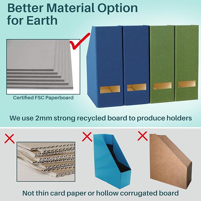 Magazine Holder - File Holder and Desk Organizer, Cardboard Book Organizer and Storage Box for Documents, Magazine Holder Rack for Office, Home and Classroom (Leaf Green, 6-Pack)