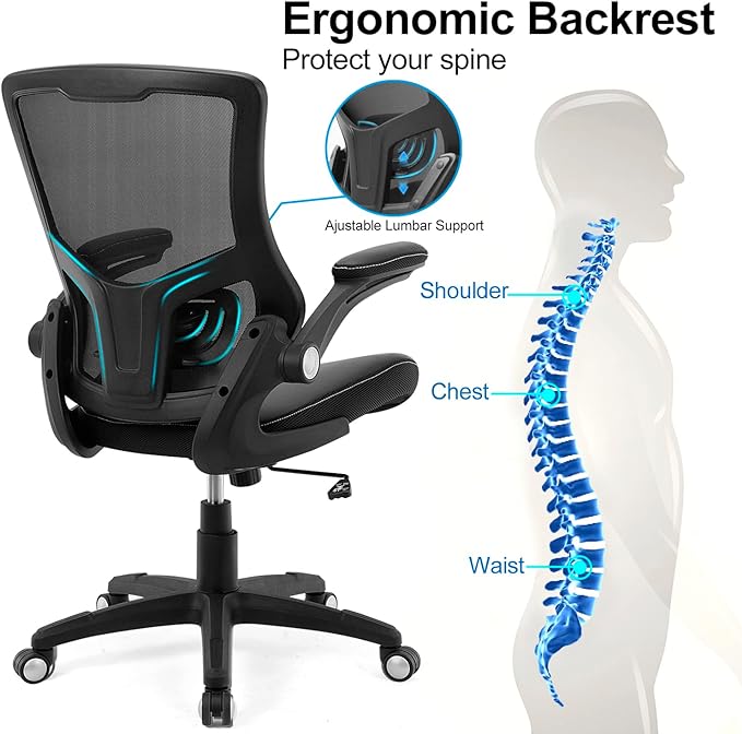 Office Chair Ergonomic Desk Chair, Computer PU Leather Home Office Chair, Swivel Mesh Back Adjustable Lumbar Support Flip-up Arms Executive Task Chair